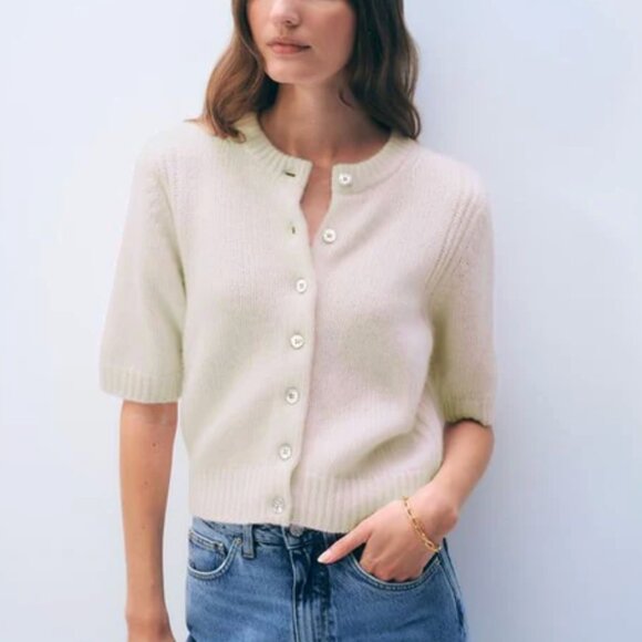 White + Warren White Cashmere Short Sleeve Cardigan Sweater Size Medium - Picture 1 of 10